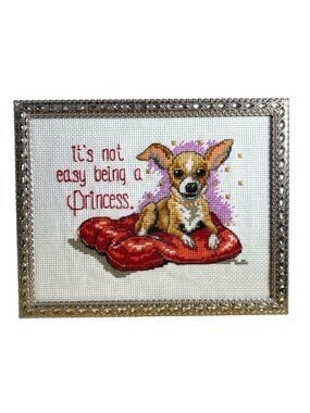 Handmade Dog It's Not Easy Being a Princess Framed Cross Stitch Embroidery